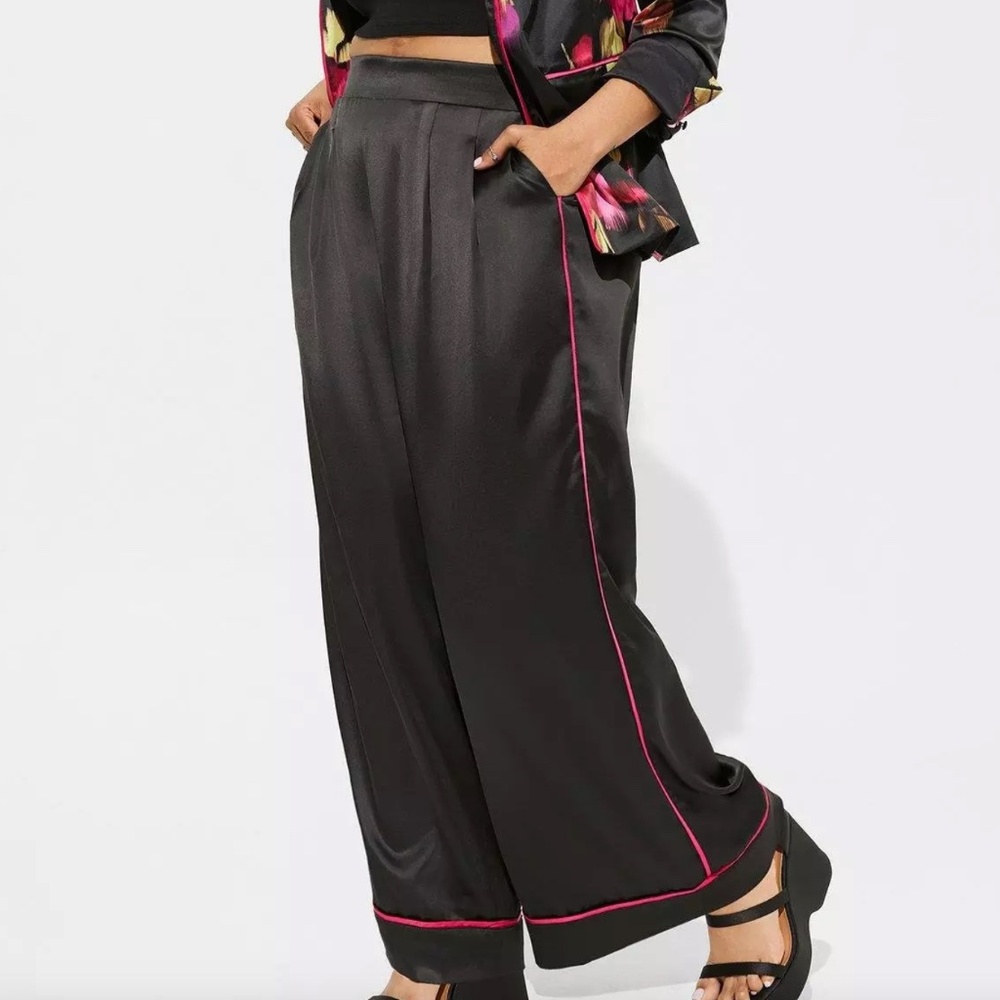 Wide Leg Satin Pants with Pink Piping